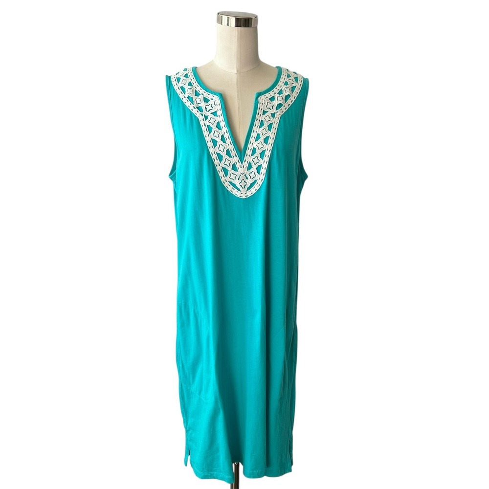 LANDS‎ END Embroidered Jersey Sleeveless Dress Women's Size M (10-12) Turquoise